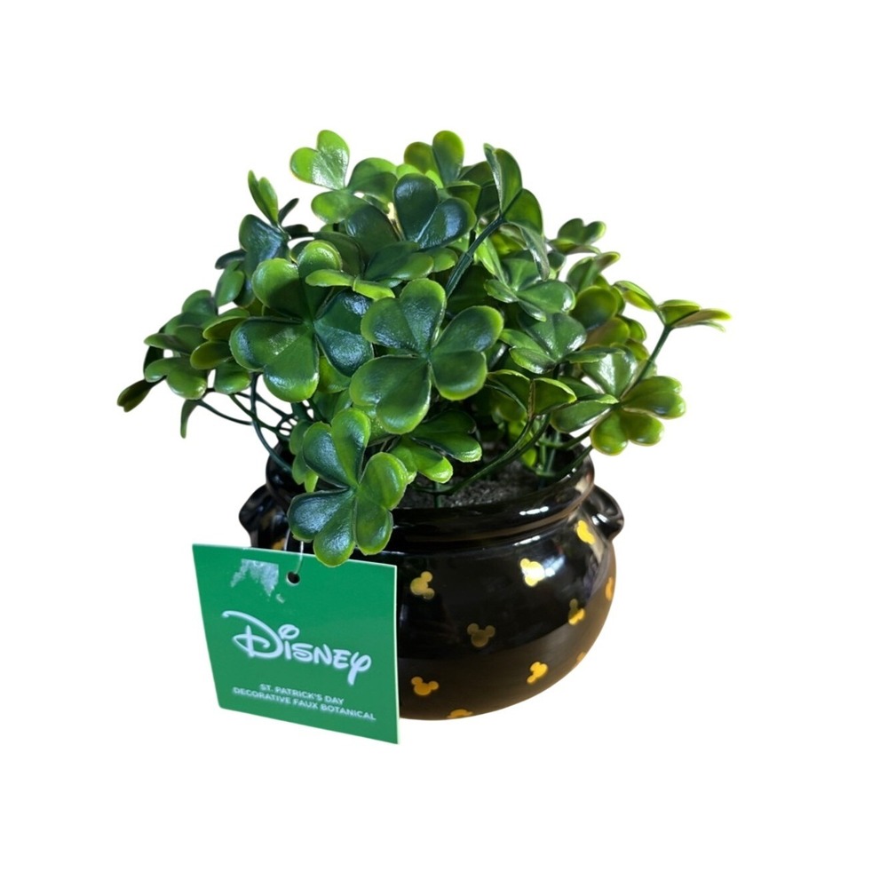 Disney St. Patricks Day Green Faux Shamrock in Black Pot w/Gold Mickey Accents